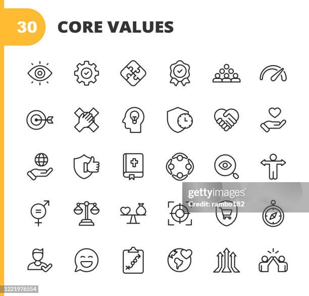 コア値アイコン。編集可能なストローク。ピクセルパーフェクト。モバイルとウェブ用。責任、ビジョン、ビジネス倫理、法律、道徳、社会問題、チームワーク、成長、信頼、品質、イノベ� - 行く手点のイラスト素材／クリップアート素材／マンガ素材／アイコン素材