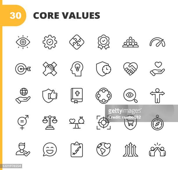 core values icons. editable stroke. pixel perfect. for mobile and web. contains such icons as responsibility, vision, business ethics, law, morality, social issues, teamwork, growth, trust, quality, innovation, teamwork, reliability, charity. - social issues stock illustrations