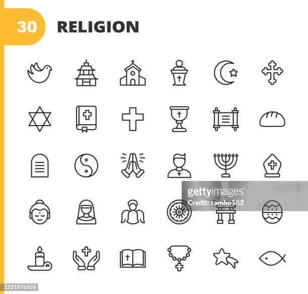 religion ikonen. bearbeitbarer strich. pixel perfekt. für mobile und web. enthält solche ikonen wie religion, gott, glaube, beten, christ, katholik, kirche, islam, judentum, muslim, hinduismus, meditation, bibel, weihnachten, heilige messe, priester, eng - religion stock-grafiken, -clipart, -cartoons und -symbole
