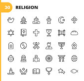 Religion Icons. Editable Stroke. Pixel Perfect. For Mobile and Web. Contains such icons as Religion, God, Faith, Praying, Christian, Catholic, Church, Islam, Judaism, Muslim, Hinduism, Meditation, Bible, Christmas, Holy Mass, Priest, Angel, Nun, Easter.