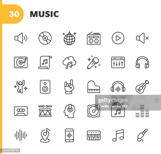 music line icons. editable stroke. pixel perfect. for mobile and web. contains such icons as speaker, audio, music player, music streaming, dancing, party, piano, headphones, guitar, radio, music note, dj, singing, karaoke, drums, rock, pop, edm. - classical stock illustrations