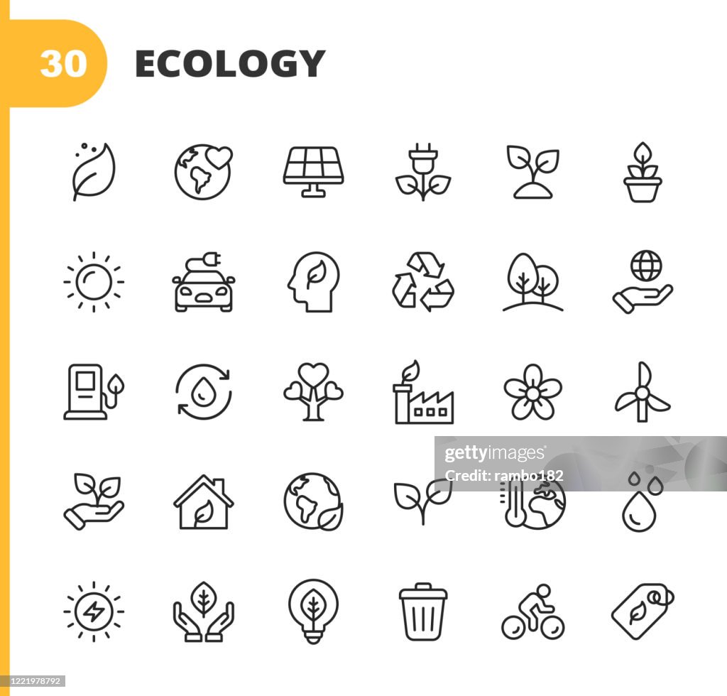 Ecology and Environment Line Icons. Editable Stroke. Pixel Perfect. For Mobile and Web. Contains such icons as Leaf, Ecology, Environment, Lightbulb, Forest, Green Energy, Agriculture, Water, Climate Change, Recycling, Electric Car, Solar Energy.
