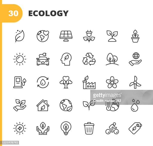 ilustrações de stock, clip art, desenhos animados e ícones de ecology and environment line icons. editable stroke. pixel perfect. for mobile and web. contains such icons as leaf, ecology, environment, lightbulb, forest, green energy, agriculture, water, climate change, recycling, electric car, solar energy. - factory