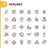 Ecology and Environment Line Icons. Editable Stroke. Pixel Perfect. For Mobile and Web. Contains such icons as Leaf, Ecology, Environment, Lightbulb, Forest, Green Energy, Agriculture, Water, Climate Change, Recycling, Electric Car, Solar Energy.