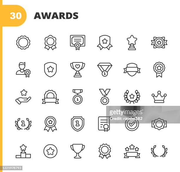 awards and achievement line icons. editable stroke. pixel perfect. for mobile and web. contains such icons as award, medal, gold, achievement, success, podium, winning, competition, growth, improvement, laurel, recognition, diploma, cup, crown, badge, - medal icon stock illustrations