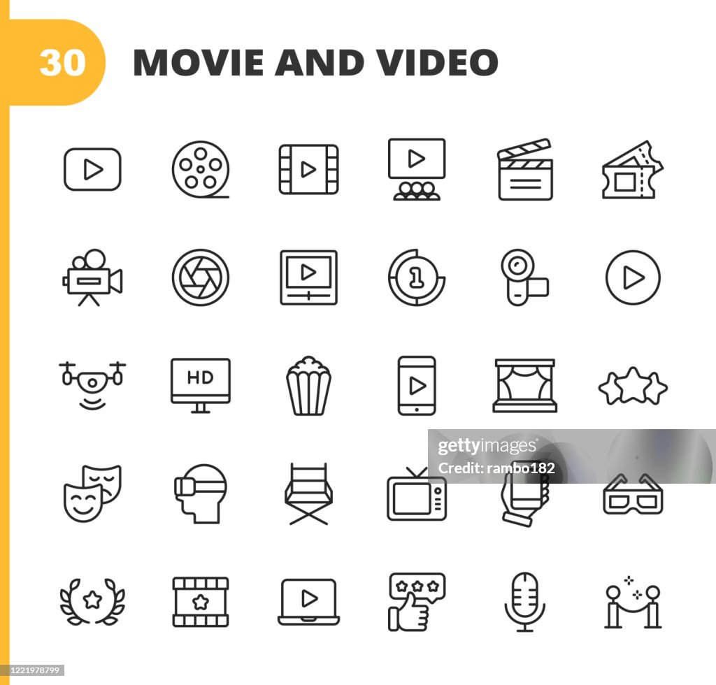 Ícones de vídeo, cinema, linha de filmes. Curso editável. Pixel Perfeito. Para Mobile e Web. Contém ícones como Video Player, Film, Camera, Cinema, 3D Glasses, Realidade Virtual, Teatro, Ingressos, Drone, Direção, Televisão, Revisão, Palco, Stream