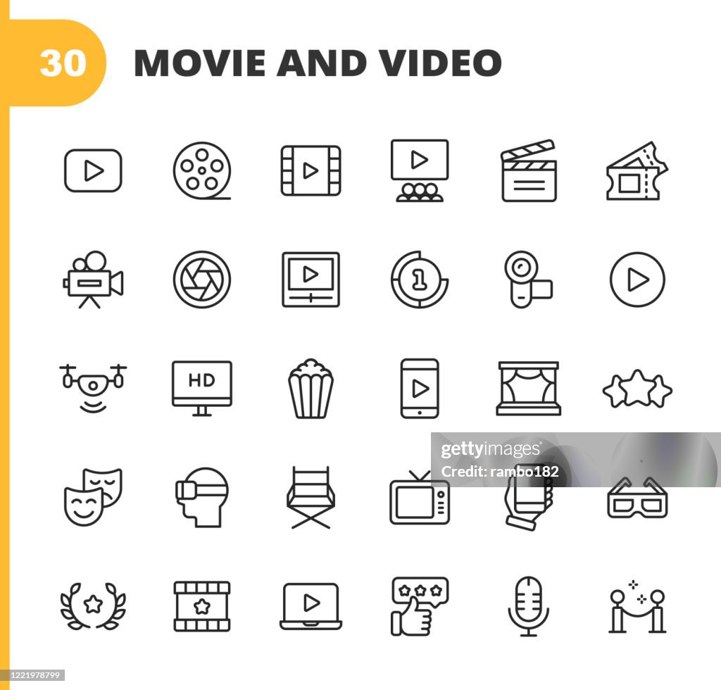 Video, Bio, Film Line Ikoner. Redigerbar linje. Pixel Perfekt. För mobil och webb. Innehåller sådana ikoner som Video Player, Film, Kamera, Cinema, 3D-glasögon, Virtual Reality, Teater, Biljetter, Drone, Regi, TV, Recension, Stage, Video Streaming.