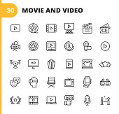 Video, Cinema, Film Line Icons. Editable Stroke. Pixel Perfect. For Mobile and Web. Contains such icons as Video Player, Film, Camera, Cinema, 3D Glasses, Virtual Reality, Theatre, Tickets, Drone, Directing, Television, Review, Stage, Video Streaming.
