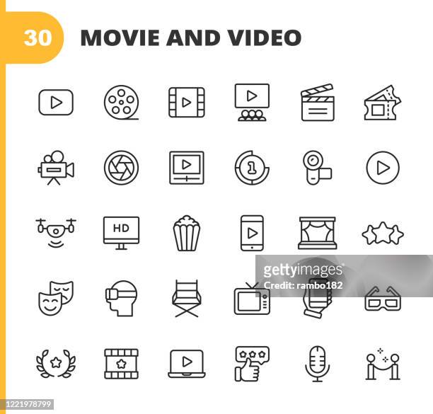 video, cinema, film line icons. editable stroke. pixel perfect. for mobile and web. contains such icons as video player, film, camera, cinema, 3d glasses, virtual reality, theatre, tickets, drone, directing, television, review, stage, video streaming. - the media stock illustrations
