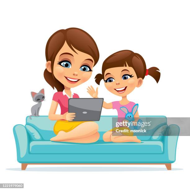 mom and child look at a laptop - children playing video games on sofa stock illustrations