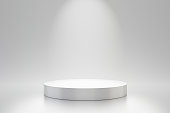 White studio template and round shape pedestal on simple background with spotlight product shelf. Blank studio podium for advertising. 3D rendering.