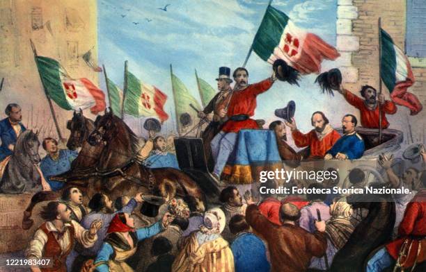 Giuseppe Garibaldi enters Messina, 1860. Popular print, Italy, approx. 1860.