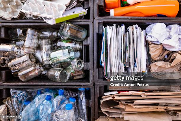 boxes with separate collection of waste for recycling. - waste basket stock pictures, royalty-free photos & images