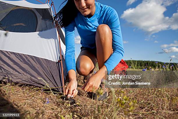 a woman setting up camp. - the comedy tent stock pictures, royalty-free photos & images