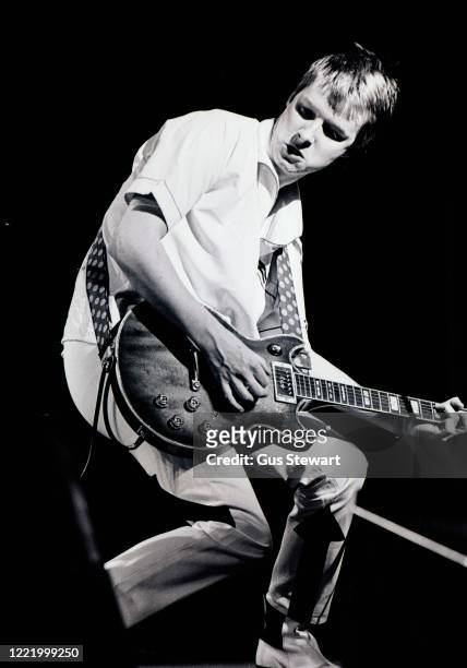 Andy Partridge of XTC performs on stage at the Rainbow Theatre, London, 15th November 1977. He is playing an Ibanez Artist electric guitar. The band...