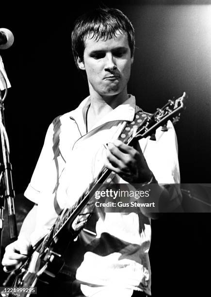 Andy Partridge of XTC performs on stage at the Rainbow Theatre, London, 15th November 1977. They were supporting Blondie.