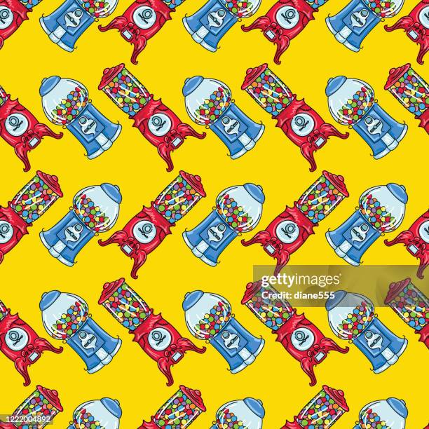 colorful gumball machines repeating pattern - vending machine stock illustrations