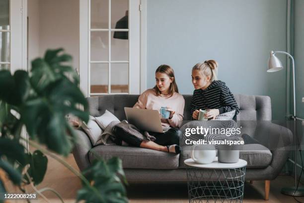twee tienermeisjes die online thuis winkelen - teenager girl blanket stockfoto's en -beelden