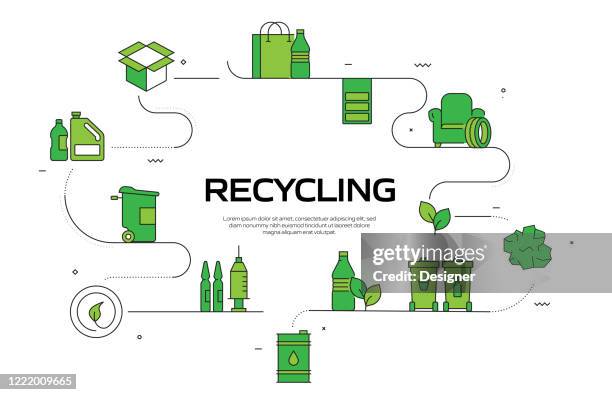 recycling and zero waste vector banner design concept. outline line icon vector illustration template for websites, presentation etc. - reduction infographic stock illustrations