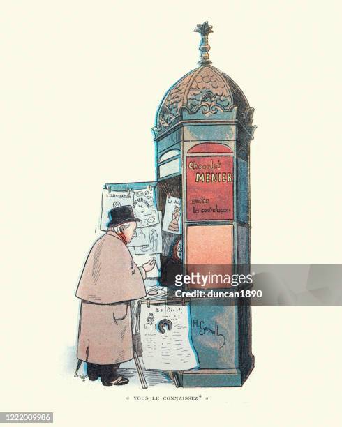 man buying newspaper from newsstand, victorian, 19th century - news stand stock illustrations