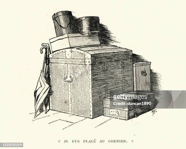 ilustrações de stock, clip art, desenhos animados e ícones de travelling trunk and suitcases stacked in an attic, victorian - caixa de chapéu