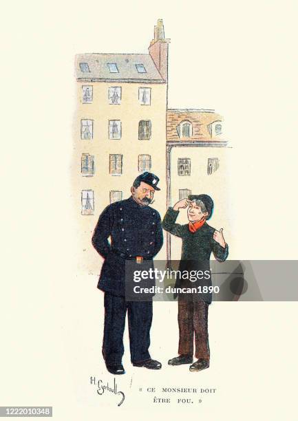 young boy talking to french police officer, victorian, 19th century - police officer talking to person cartoon stock illustrations