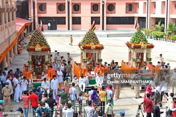 Chariots of Lord Jagannath, his sister Subhadra and brother Balaram are seen inside the campus of Lord Jagannath Temple as the annual Rath Yatra...