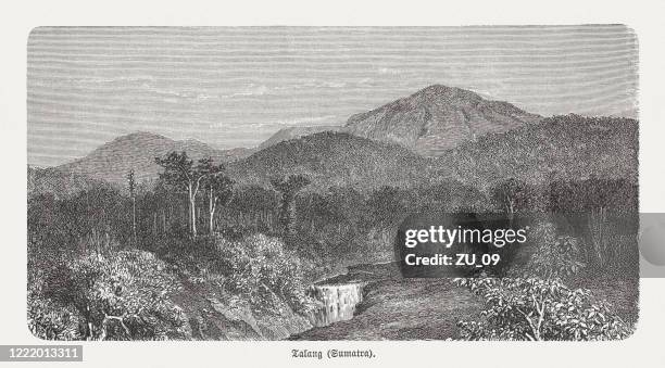 mount talang, stratovolcano in west sumatra, wood engraving, published 1893 - aerial view forest stock illustrations