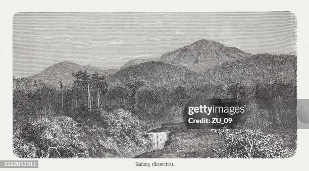 mount talang, stratovolcano in west sumatra, wood engraving, published 1893 - sumatra stock illustrations