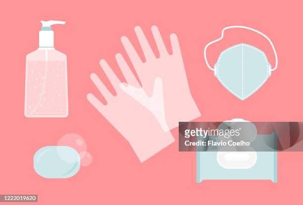 hand sanitizer, protective gloves, n95 face mask, wet wipe and bar of soap illustration - flatten the curve icon stock pictures, royalty-free photos & images