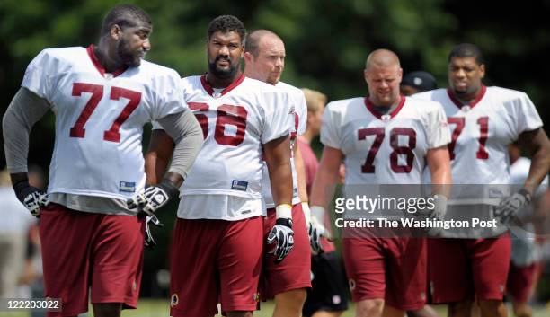 August 14 : Redskins' starting offensive line, L to R: offensive tackle Jammal Brown , guard Chris Chester , center Will Montgomery , guard Kory...