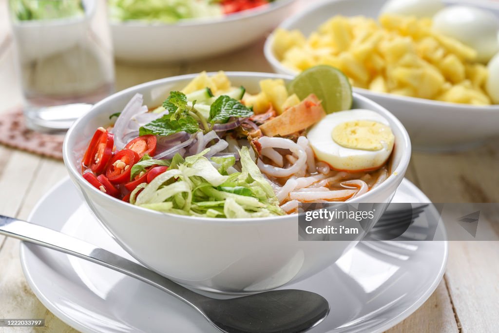 Assam Laksa (Noddle in Tangy Fish Gravy) is a Special Malaysian Food Popular in Penang
