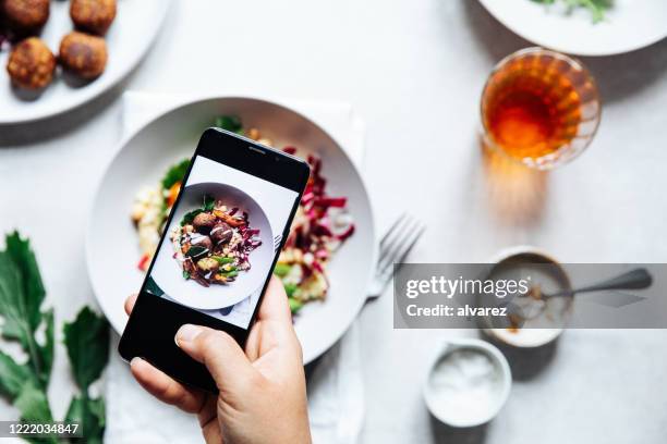 chef taking photograph of vegan falafel bowl on table. - movement makers stock pictures, royalty-free photos & images