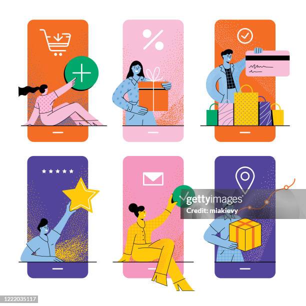 ilustraciones, imágenes clip art, dibujos animados e iconos de stock de concepto de compras en línea - aplicación para móviles
