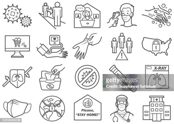 virus prevention 02 line icons set - washing up glove stock illustrations