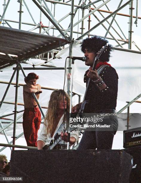 John Sykes and Phil Lynott of Thin Lizzy perform on stage at Monsters Of Rock festival, Zeppelinfeld, Nurnberg, Germany, 4th September 1983. The...