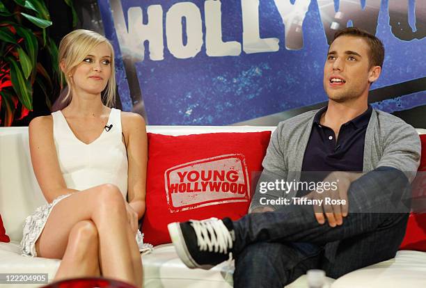 Actress Sara Paxton and actor Dustin Milligan visit YoungHollywood.com at the Young Hollywood Studio on August 23, 2011 in Los Angeles, California.