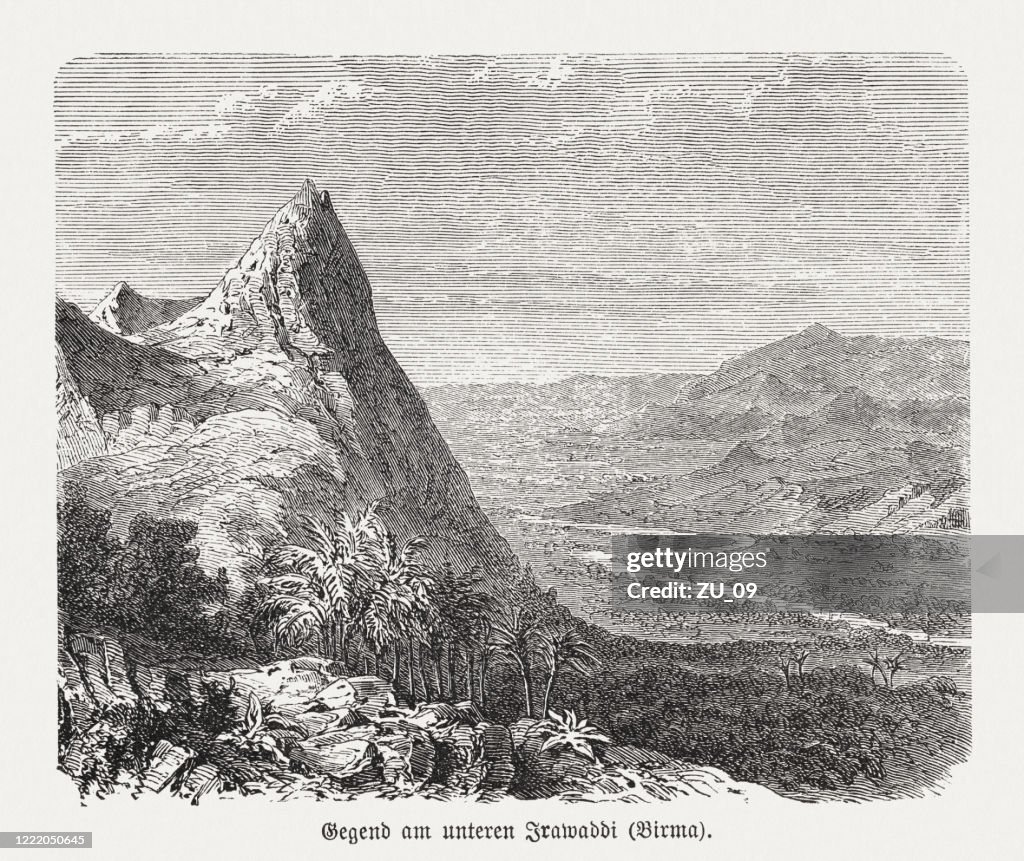Lower Irrawaddy River in Myanmar, wood engraving, published in 1893