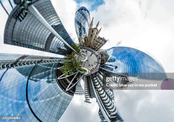 a high angle tiny planet view in the city of london - circular business district stock-fotos und bilder