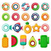 Pool inflatable rings and mattress set. Vector illustration. Summer beach kids floating funny toys