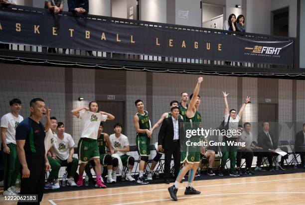 Team Taiwan Beers celebrates after Po Hsun Chou of Taiwan Beer made a three point shot during the SBL Finals Game Six between Taiwan Beer and Yulon...