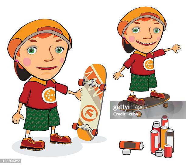 skaters with skateboards and spray cans - extreme skateboarding stock illustrations