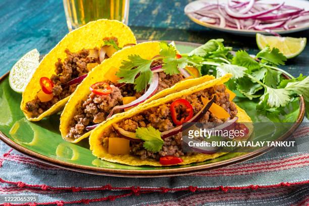 ground beef tacos - mexican food stock pictures, royalty-free photos & images
