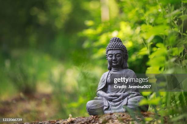 het standbeeld van boedha buiten op aard en groene achtergrond met exemplaarruimte - boeddha stockfoto's en -beelden