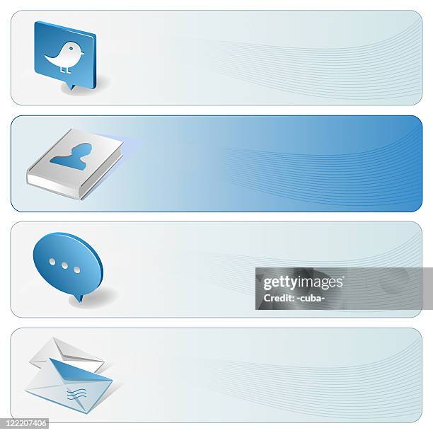 website-navigation-vorlage mit social-media-symbole, 4 isometric blue - adressbuch stock-grafiken, -clipart, -cartoons und -symbole