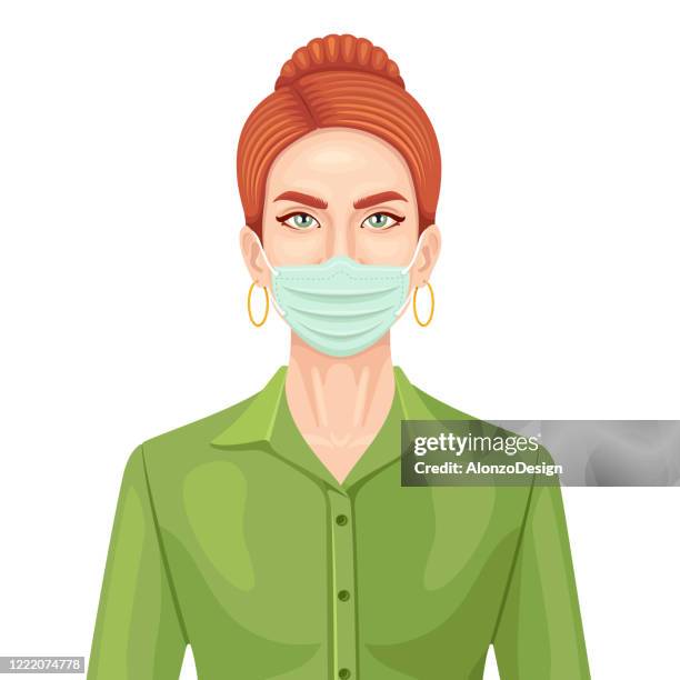 rothaarige frau trägt chirurgische maske - oberhemd stock-grafiken, -clipart, -cartoons und -symbole