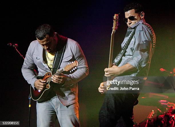 Lenny Santos and Max Santos of Aventura perform at Hard Rock Live! in the Seminole Hard Rock Hotel & Casino on July 6, 2010 in Hollywood, Florida.