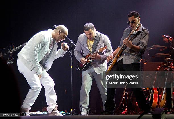 Anthony 'Romeo' Santos, Lenny Santos and Henry Santos Jeter perform at Hard Rock Live! in the Seminole Hard Rock Hotel & Casino on July 6, 2010 in...