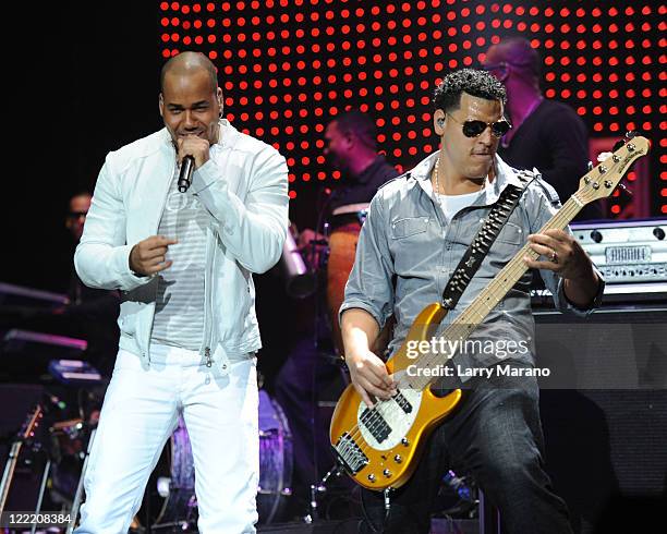 Anthony Santos and Max Santos of Aventura perform at Hard Rock Live! in the Seminole Hard Rock Hotel & Casino on July 6, 2010 in Hollywood, Florida.