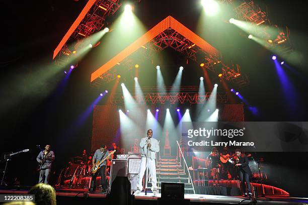 Lenny Santos, Max Santos, Anthony Santos and Henry Santos Jeter of Aventura perform at Hard Rock Live! in the Seminole Hard Rock Hotel & Casino on...